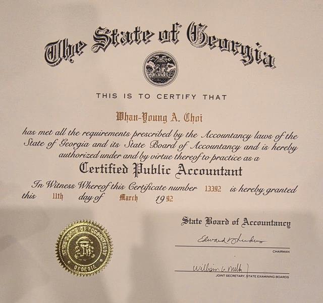 W. Alex Choi CPA certificate